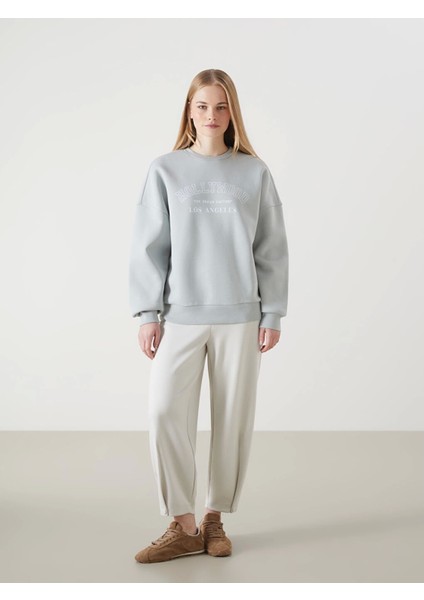 Lcw Vision Gri Bisiklet Yaka Baskılı Oversize Kadın Kalın Sweatshirt fiyatları