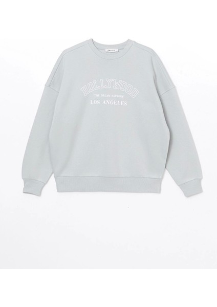 Lcw Vision Gri Bisiklet Yaka Baskılı Oversize Kadın Kalın Sweatshirt indirimleri