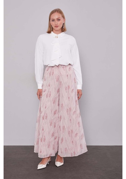 Pudra Kare Desen Geniş Paça Şifon Pantolon