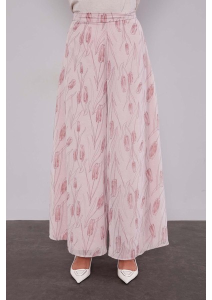 Pudra Kare Desen Geniş Paça Şifon Pantolon modelleri