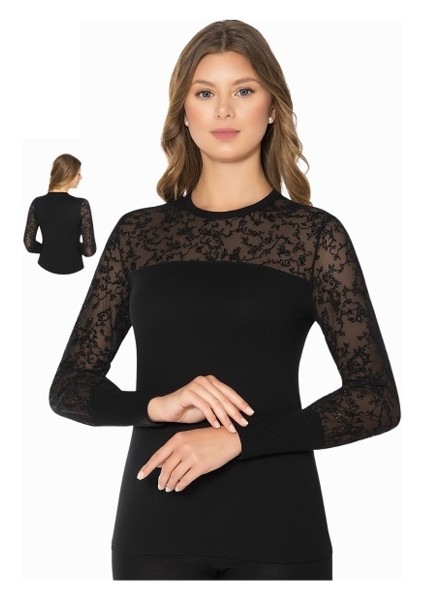 Kadın Bisiklet Yaka Dantel Detaylı % 96 Viscone % 4 Elastane Uzun Kol Body