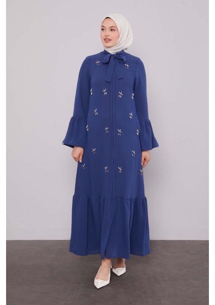 Indigo Fular Detaylı Işlemeli Ferace