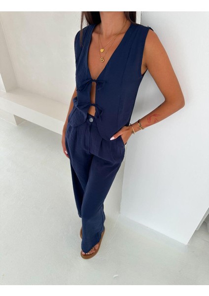 Dokuma Modal Kumaş Bağlama Detaylı Ikili Yelek-Pantolon Takım fiyatları