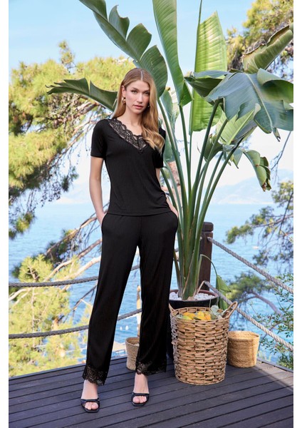 Kadın Kısa Kollu Dantelli V Yaka Pijama Takımı 25063 fiyatları
