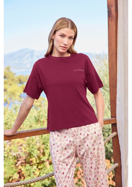 Kadın Çiçek ve Yaprak Desenli Kısa Kollu Bisiklet Yaka Pijama Takımı 25128 indirimleri