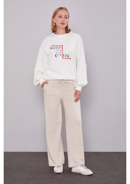 Bej Beli Lastikli Nervürlüı Pantolon