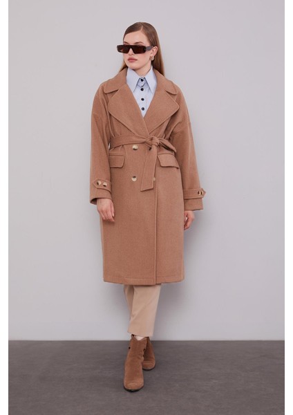 Kahve Kruvaze Yaka Kaşe Kaban