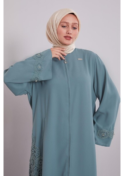 Mint Yeşili Dantel Detaylı Cepli Ferace modelleri