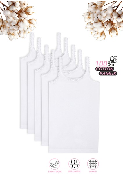 Özkan 1610 5'li Paket Kız Çocuk %100 Pamuklu Ribana Yakası Dantel Detaylı Ince Askılı Örme Atlet