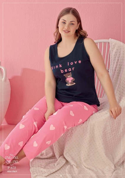 Secretsita Büyük Beden Pink Love Bear Kalp ve Ayıcık Desenli Pembe Kısa Kol Pijama Takımı