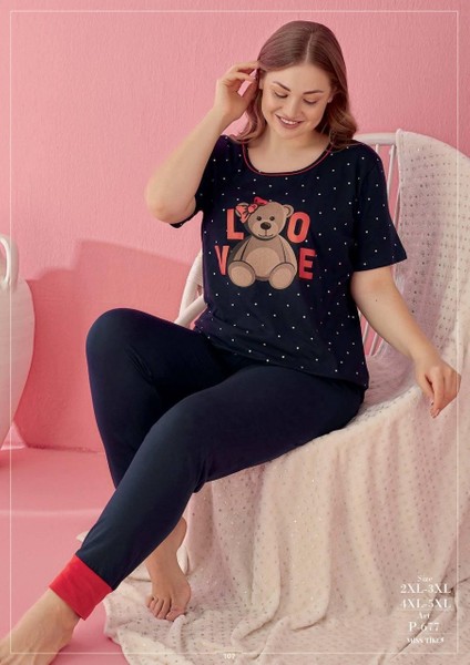 Secretsita Büyük Beden Pamuklu Love Bear Ayıcık Desenli Lacivert Kısa Kol Pijama Takımı