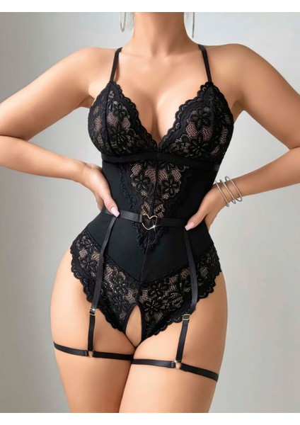 Secretsita Siyah Özel Bölgesi Açık Dantel Işlemeli Jartiyer Görünümlü Fantezi Body
