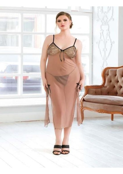 Secretsita Büyük Beden Kahverengi Tül Fantezi Uzun Yırtmaçlı Gecelik fiyatları