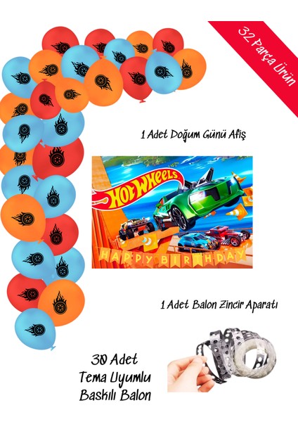 Hotwheels Balon ve Afişli Doğum Günü Parti Süsleri Zincir Balon Seti