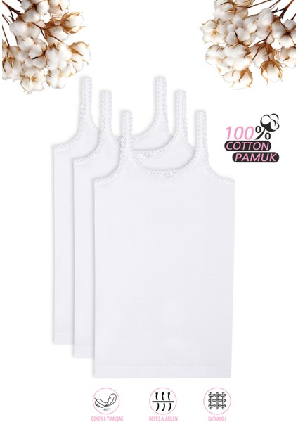 Özkan 1610 3'lü Paket Kız Çocuk %100 Pamuklu Ribana Yakası Dantel Detaylı İnce Askılı Örme Atlet