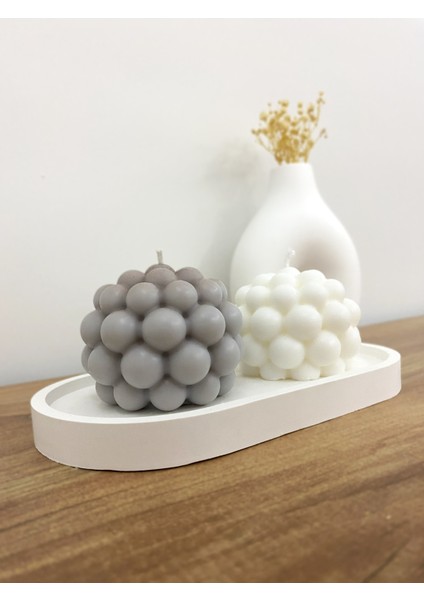 Modern Bubble Mum ve Dekoratif Tabak Seti – 2’li Mum & Oval Tabak %100 Soya Wax