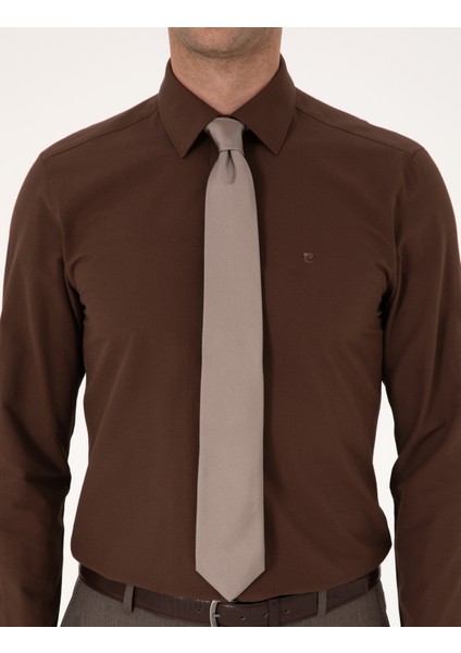 Erkek Kahverengi Slim Fit Uzun Kollu Basic Gömlek 50316734-VR029