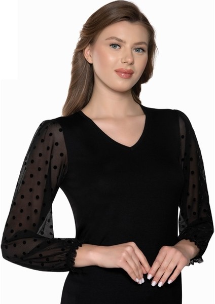 Kadın % 96 Viscone % 4 Elastane Uzun Kol Puantiyeli Tül Detay Body