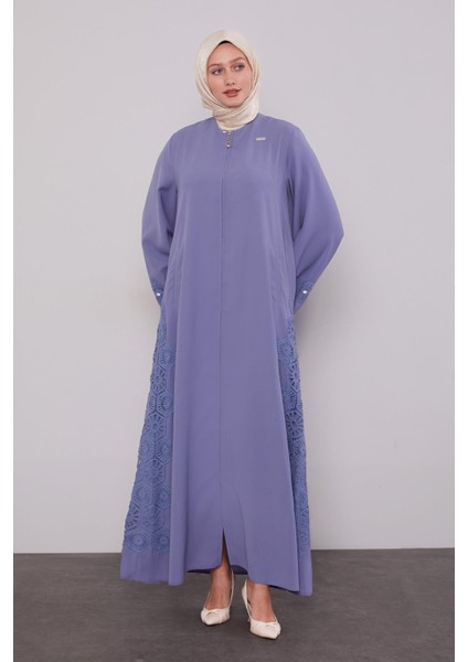 Mavi Dantel Detaylı Cepli Ferace