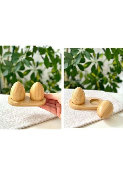Yumurta Tuzluk Bambu Ahşap Yumurta Tasarımlı 2 Li Tuzluk Baharatlık ve Altlık fırsatları