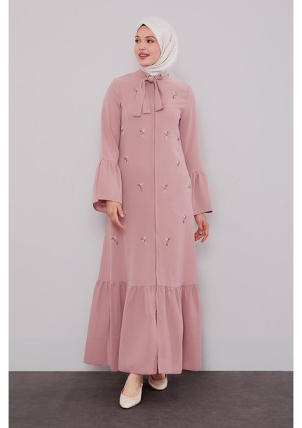 Pudra Fular Detaylı Işlemeli Ferace