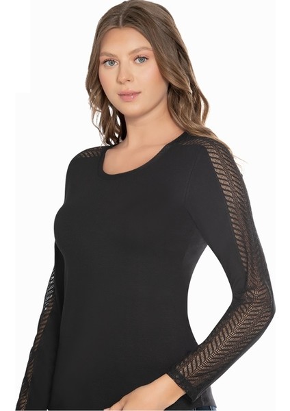 Kadın % 96 Viscone % 4 Elastane Uzun Kol Dantel Detay Body