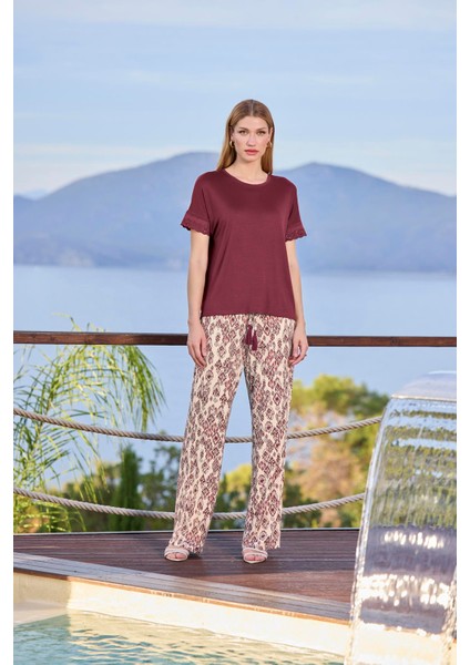 Kadın Desenli ve Dantelli Kısa Kollu Pijama Takımı 25096