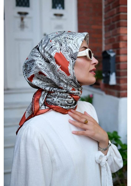 Kiremit Çizim Etnik Desen Twill Ipek Eşarp