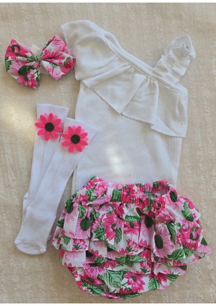 Kız Bebek Ribana Beyaz Tek Kol Askılı Çıtçıtlı Body Fırfırlı Desenli Etek Bandana Çorap Set
