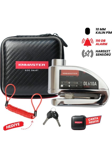 DL610A Alarmlı Disk Kilidi | 10 mm Çelik Pim | Hatırlatma Kablosu ve Taşıma Çantası | Silver
