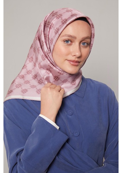 Pembe Mini Yonca Desen Twill Ipek Eşarp