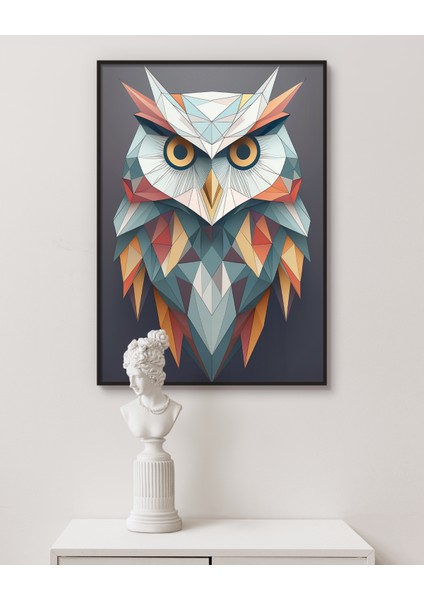 Metal Çerçeveli Gerçek Camlı Tablo, Geometrik Desenli Baykuş, Dijital Baskı, Salon , Ofis Tablo
