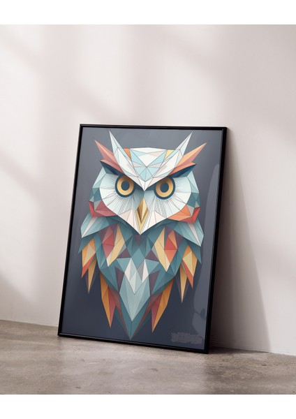 Metal Çerçeveli Gerçek Camlı Tablo, Geometrik Desenli Baykuş, Dijital Baskı, Salon , Ofis Tablo fiyatları