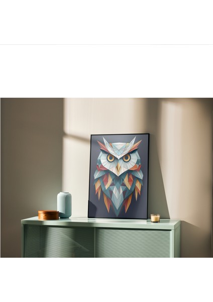 Metal Çerçeveli Gerçek Camlı Tablo, Geometrik Desenli Baykuş, Dijital Baskı, Salon , Ofis Tablo fırsatları