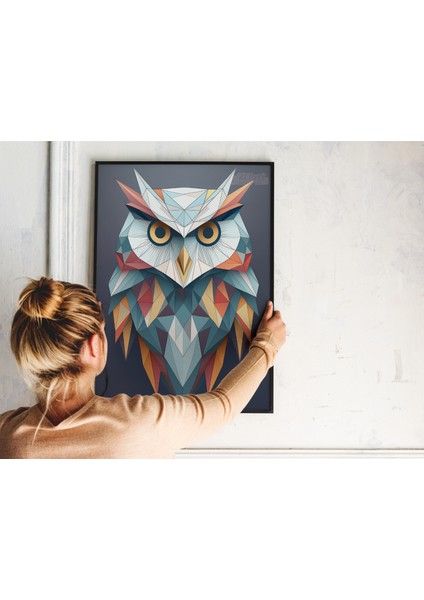 Metal Çerçeveli Gerçek Camlı Tablo, Geometrik Desenli Baykuş, Dijital Baskı, Salon , Ofis Tablo indirimleri