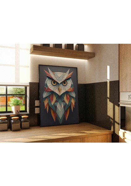 Metal Çerçeveli Gerçek Camlı Tablo, Geometrik Desenli Baykuş, Dijital Baskı, Salon , Ofis Tablo