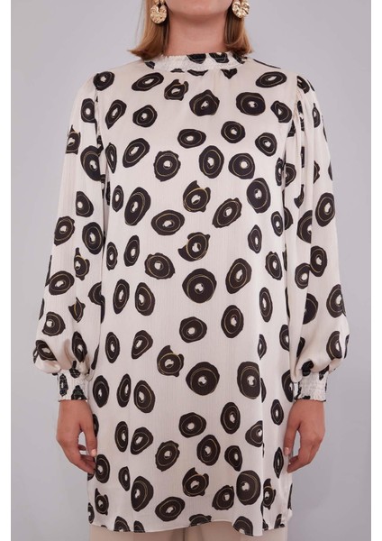 Bej Yuvarlak Desenli Tunik