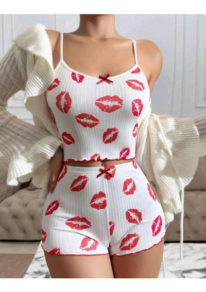 Kadın Beyaz Dudak Desenli Seksi Gecelik Takım 6642