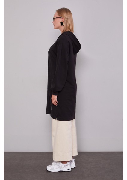Siyah Kapüşonlu Gizli Cepli Uzun Sweat