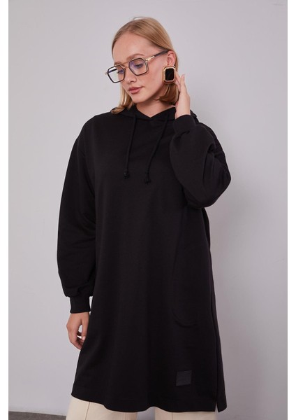 Siyah Kapüşonlu Gizli Cepli Uzun Sweat modelleri