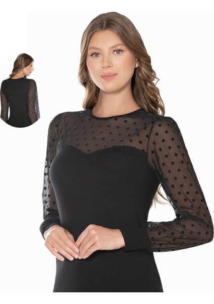 Kadın % 96 Viscone % 4 Elastane Uzun Kol Dantel Detay Body