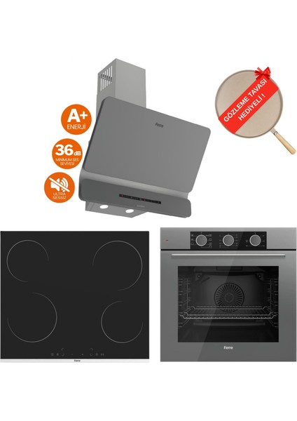 Fryart&flowart Vitroseramik Elektrikli Gri Ankastre Set ( D082-SA Sessiz + MS261 + QXE62CPR )