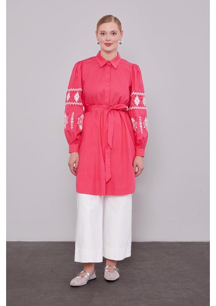 Fuşya Kolları Desenli Yırtmaç Detaylı Tunik