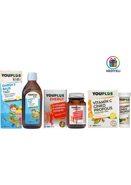 Takviye Seti Omega 3 150 ml Balık Yağı + Energy 30 Tablet + Vitamin C, Çinko & Propolis 20 Efervesan Tablet