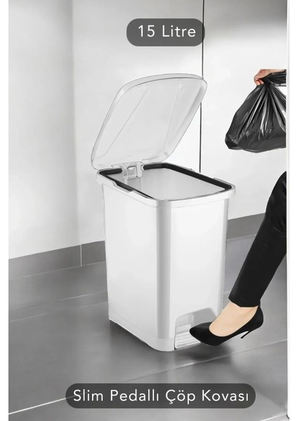 Slim Pedallı Banyo Mutfak Çöp Kovası - 15 Litre - Beyaz