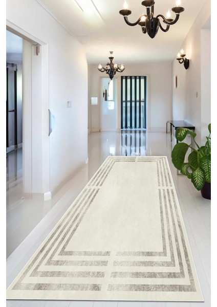Dijital Kaymaz Yıkanabilir Bej Vizon Çerçeveli Salon Halısı Mutfak Halısı Yolluk DC-7193