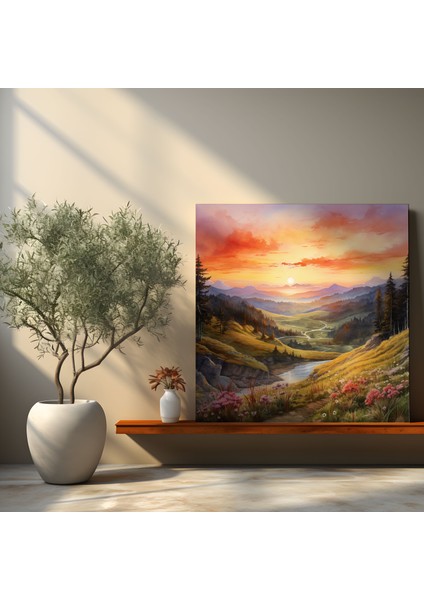Orta Dünya Manzara Tablosu - Huzurlu Peyzaj - Orta Dünya Kanvas Tablo Suluboya Eser Huzurlu Peysaj modelleri