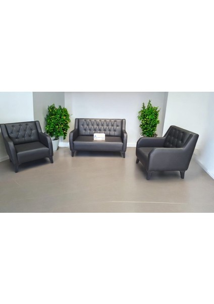 Siyah Deri Chester Ofis Koltuk Takımı Ofis Koltuğu Büro Koltuk ve Kanepeleri - 2+1+1