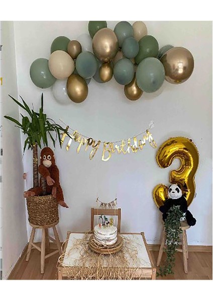 7 Küf Yeşili 3 Krom Gold 3 Kum Rengi Pastel Balon Gold Happy Birthday Banner Mini Zincir Balon Seti modelleri