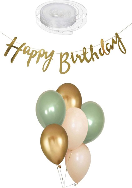 7 Küf Yeşili 3 Krom Gold 3 Kum Rengi Pastel Balon Gold Happy Birthday Banner Mini Zincir Balon Seti indirimleri